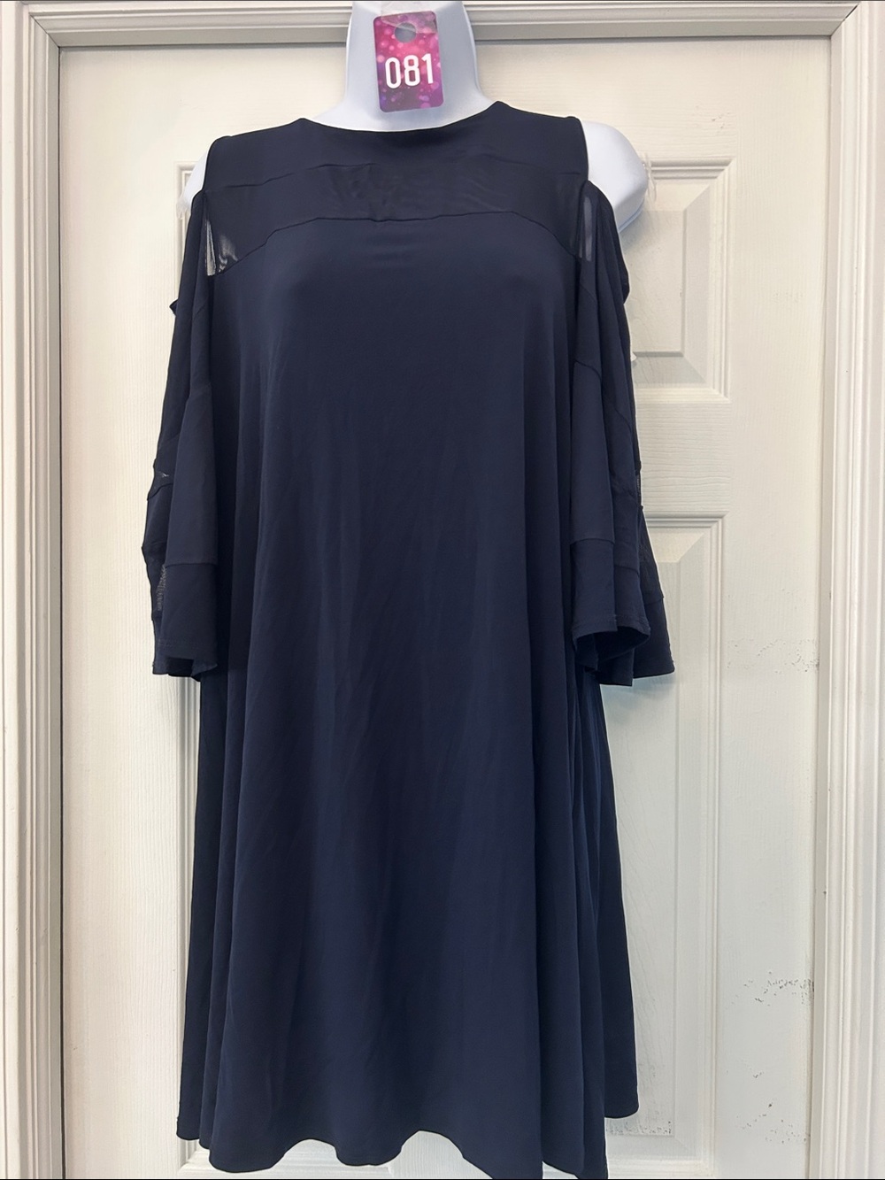 Nina Leonard Navy Cold-Shoulder Midi Dress